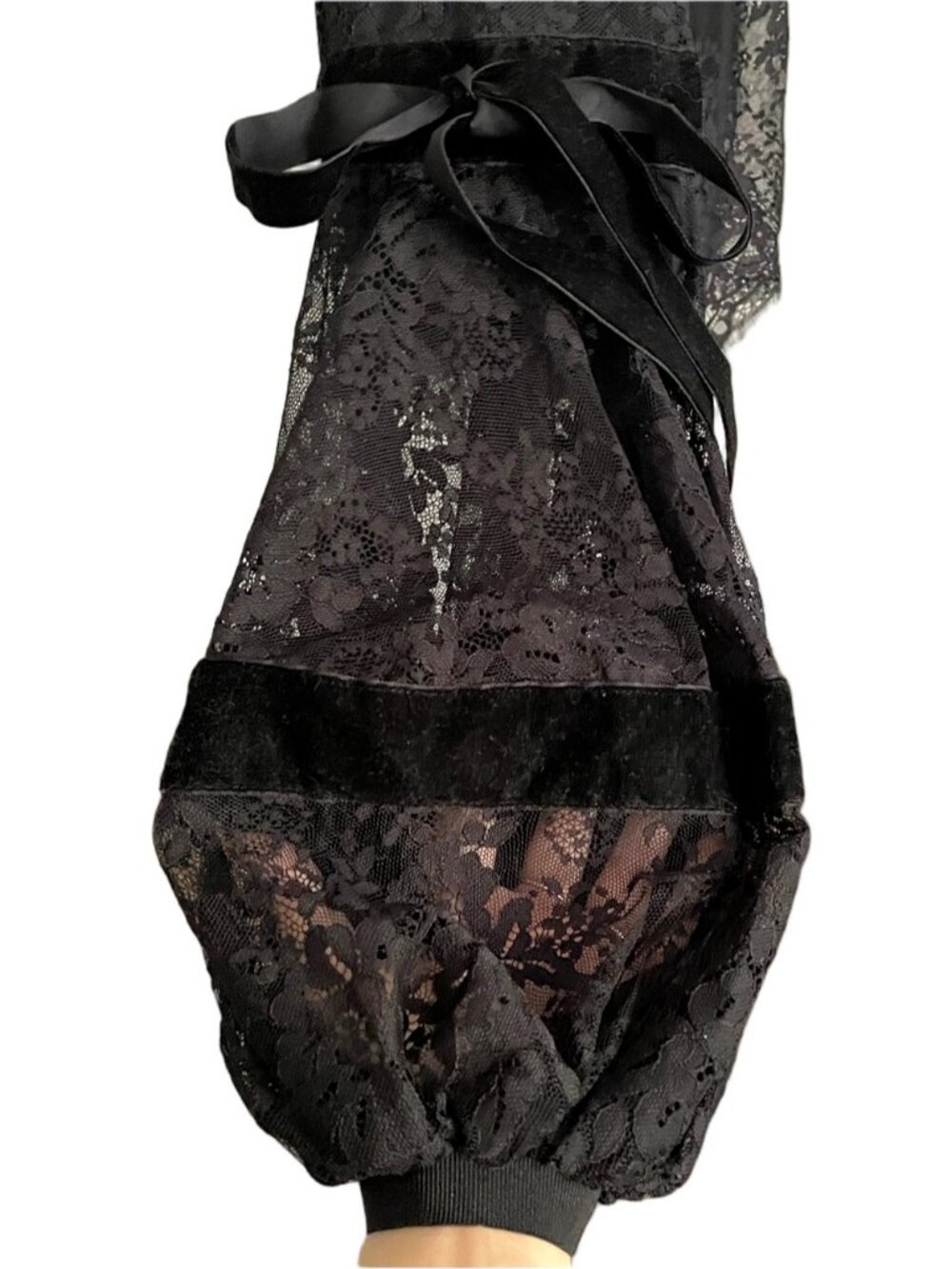 Alberto Makali Black Sheer Lace Velvet Trim Lantern Sleeve Top - Medium - Picture 4 of 15